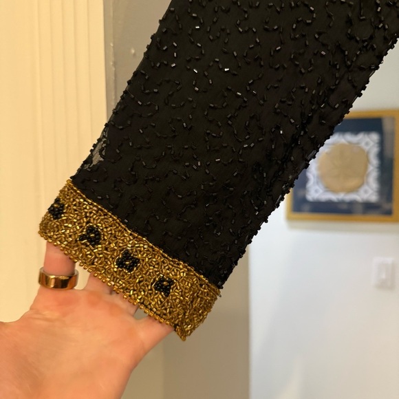 Vintage Stenay 100% Silk Black Gold Beaded Long Sleeve Blouse Evening Elegant LG - Picture 10 of 13